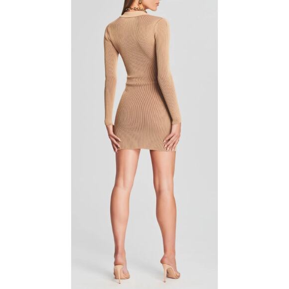 SER.O.YA Camel Beige Ribbed Knit V-Neck Long Sleeve Stretch Mini Dress Seroya XL - Picture 2 of 10